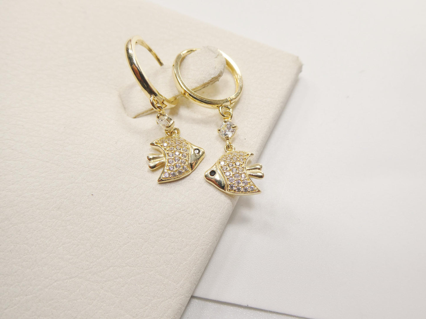 real 10k solid yellow gold fish dangling hoop huggie earring