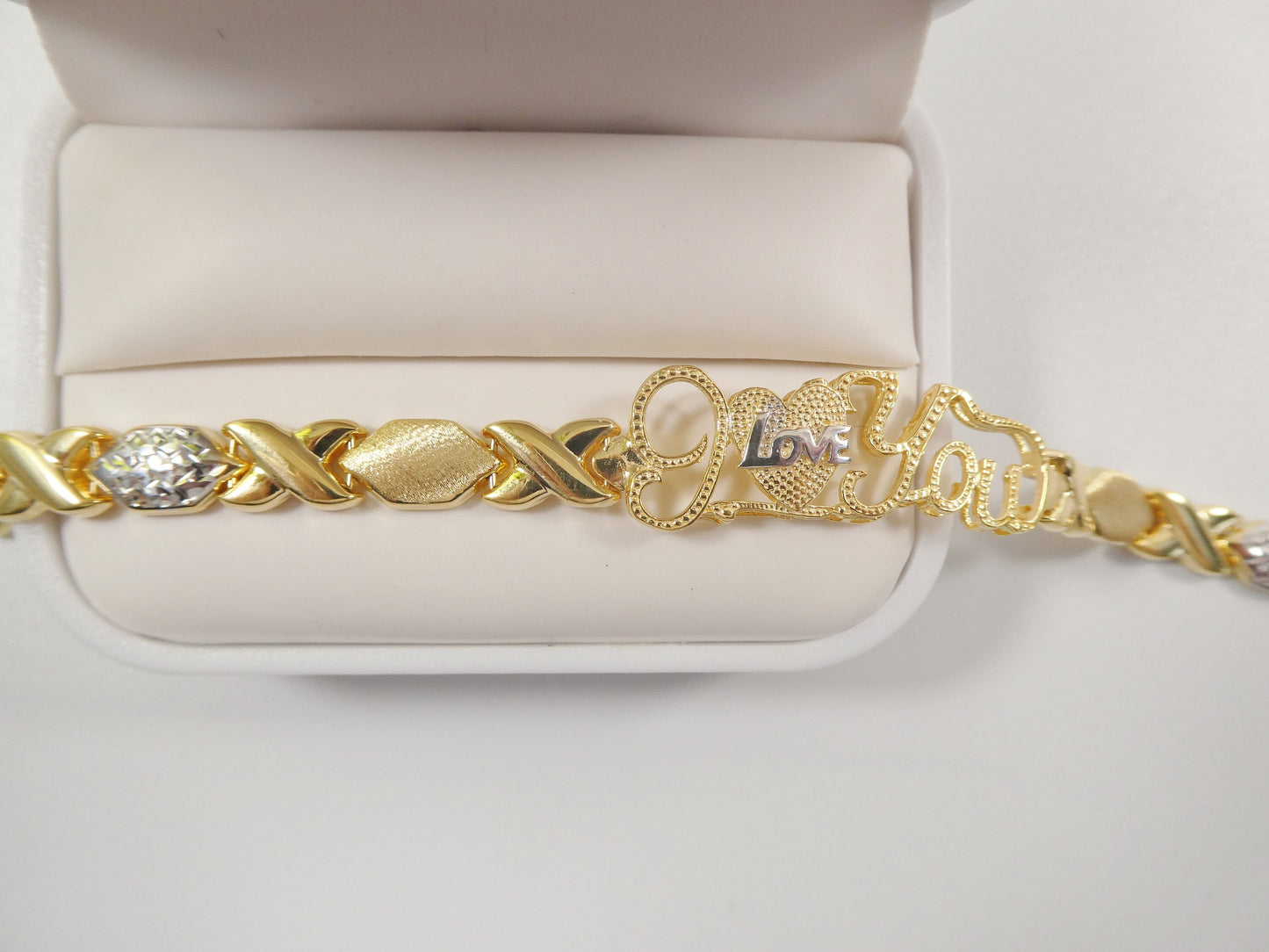 real 925 sterling silver I love you xo xo stampato bracelet 14k yellow gold two tone finish