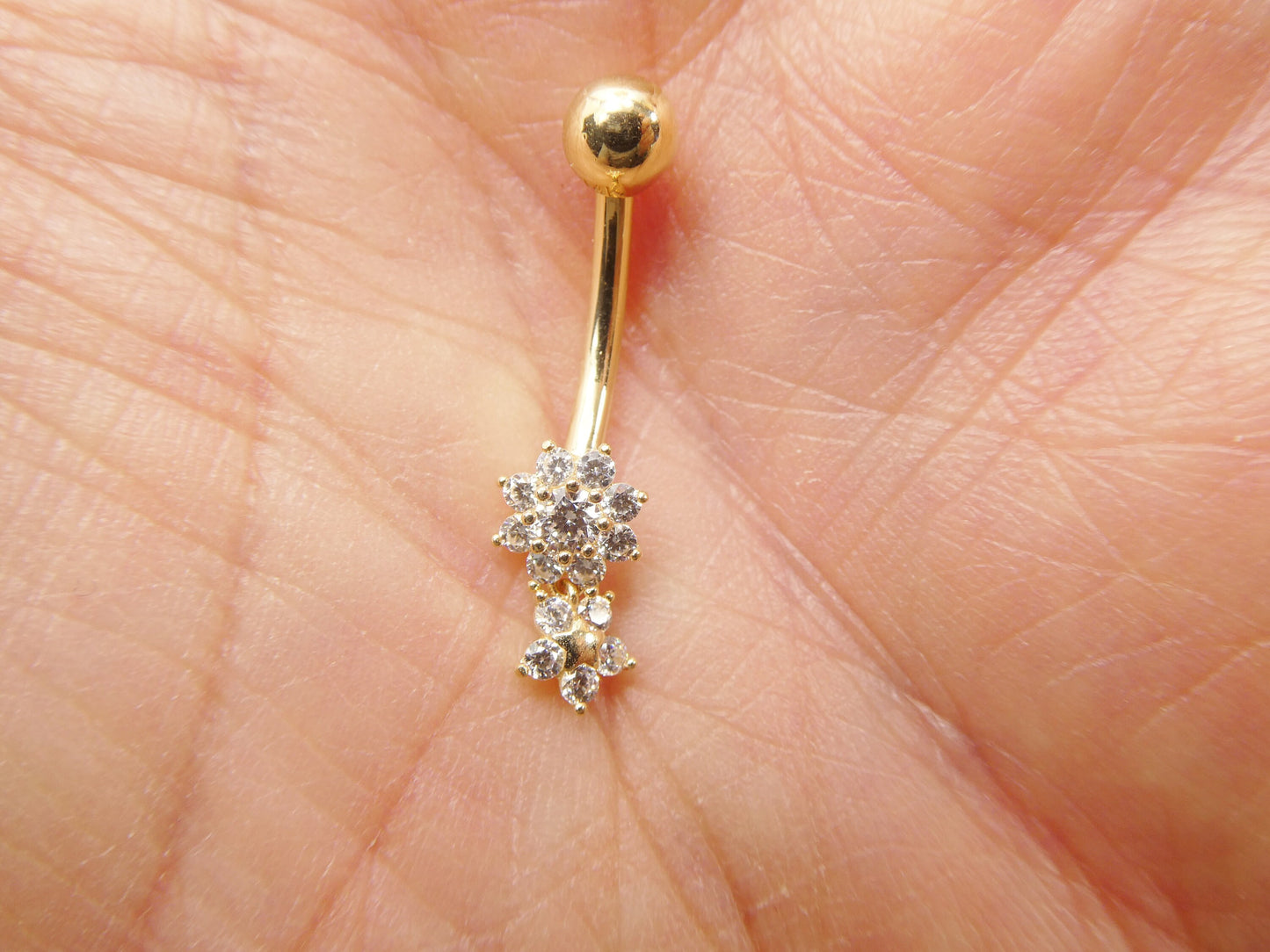 14k real solid yellow gold flower bar belly button ring piercing