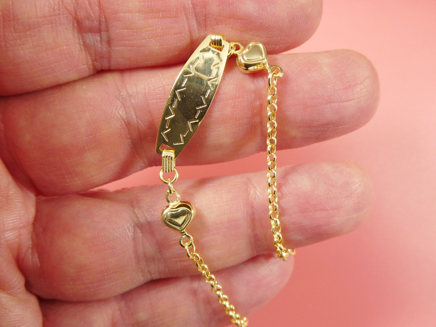 14k real solid yellow gold double heart 6 inch baby id bracelet