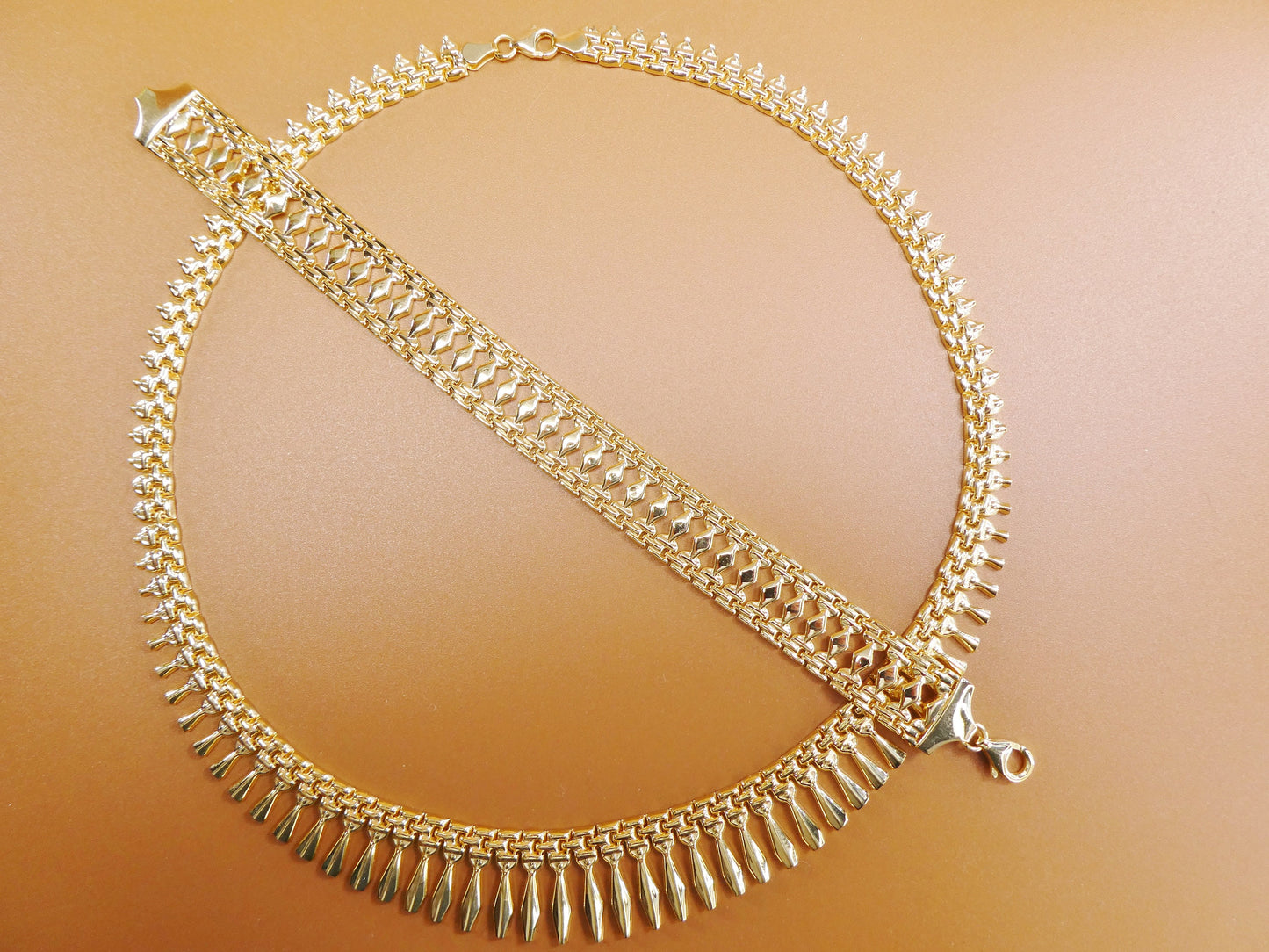 14k yellow gold tone color Cleopatra set necklace and bracelet over real 925 sterling silver