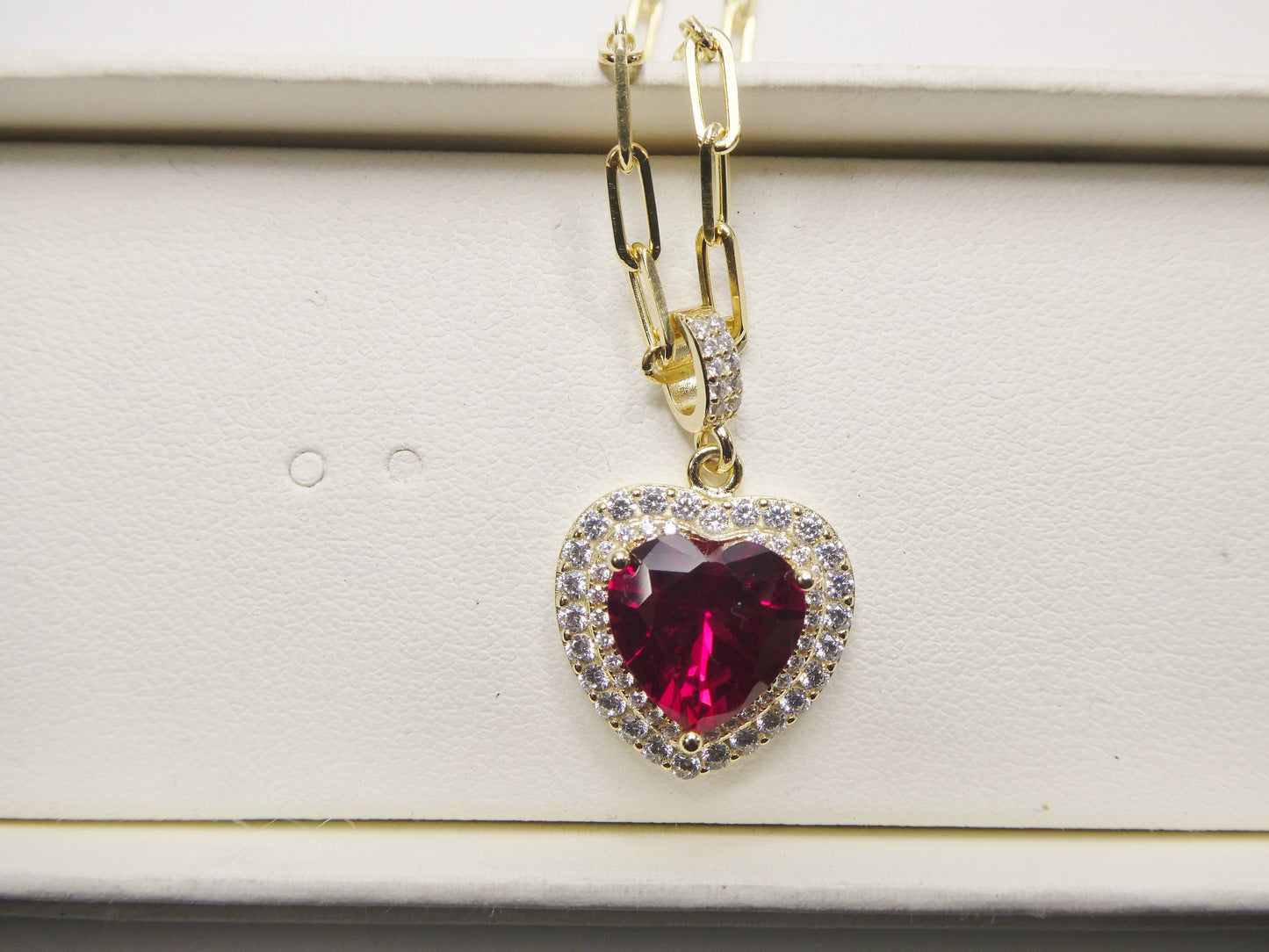 real 925 sterling silver heart red color stone 14k yellow gold color finish