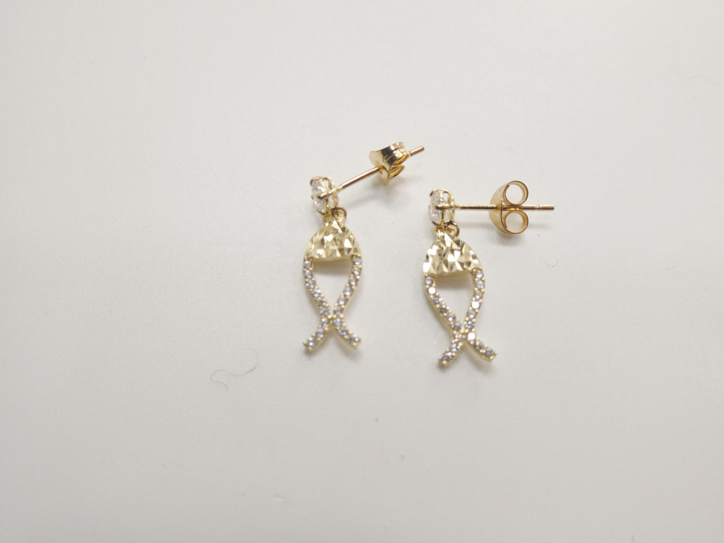 real 10k solid yellow gold fish dangling push post earrings