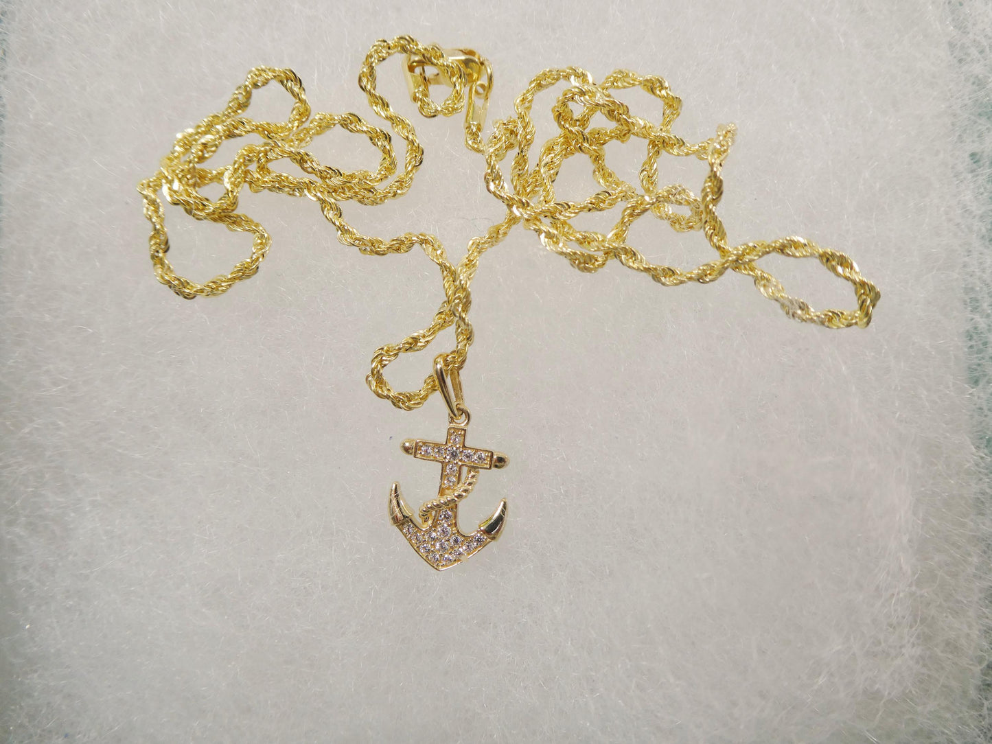 14k real solid yellow gold anchor pendent and rope necklace