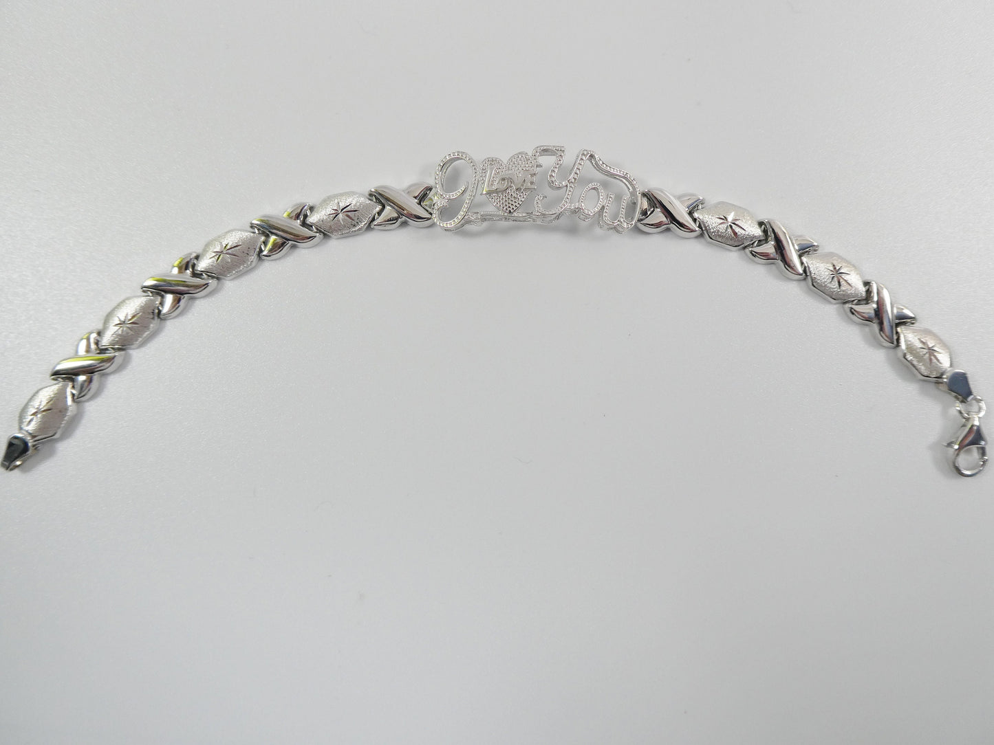 real 925 sterling silver I love you xo xo stampato bracelet 14k white gold finish