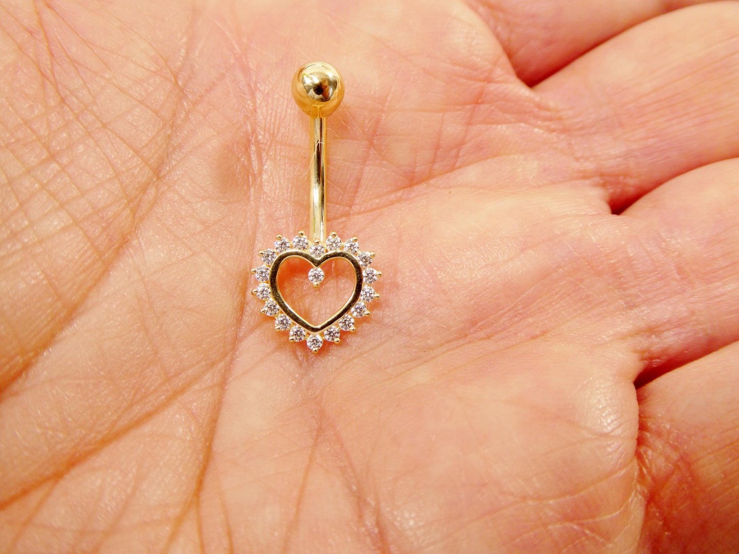 14k real solid yellow gold heart belly button ring piercing