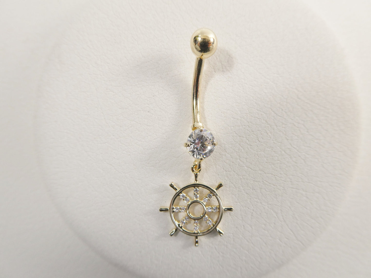 14k real solid yellow gold ship wheel dangling belly button ring piercing