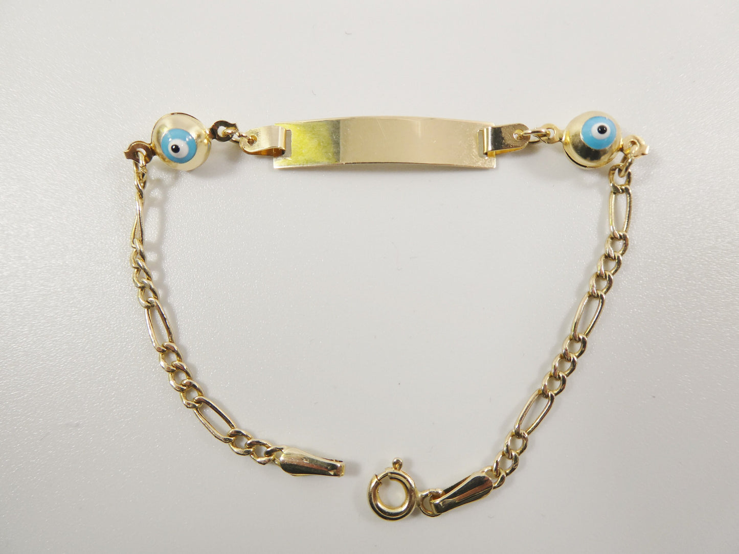 14K real solid yellow gold 5.5 inch Figaro style evil eye baby ID bracelet