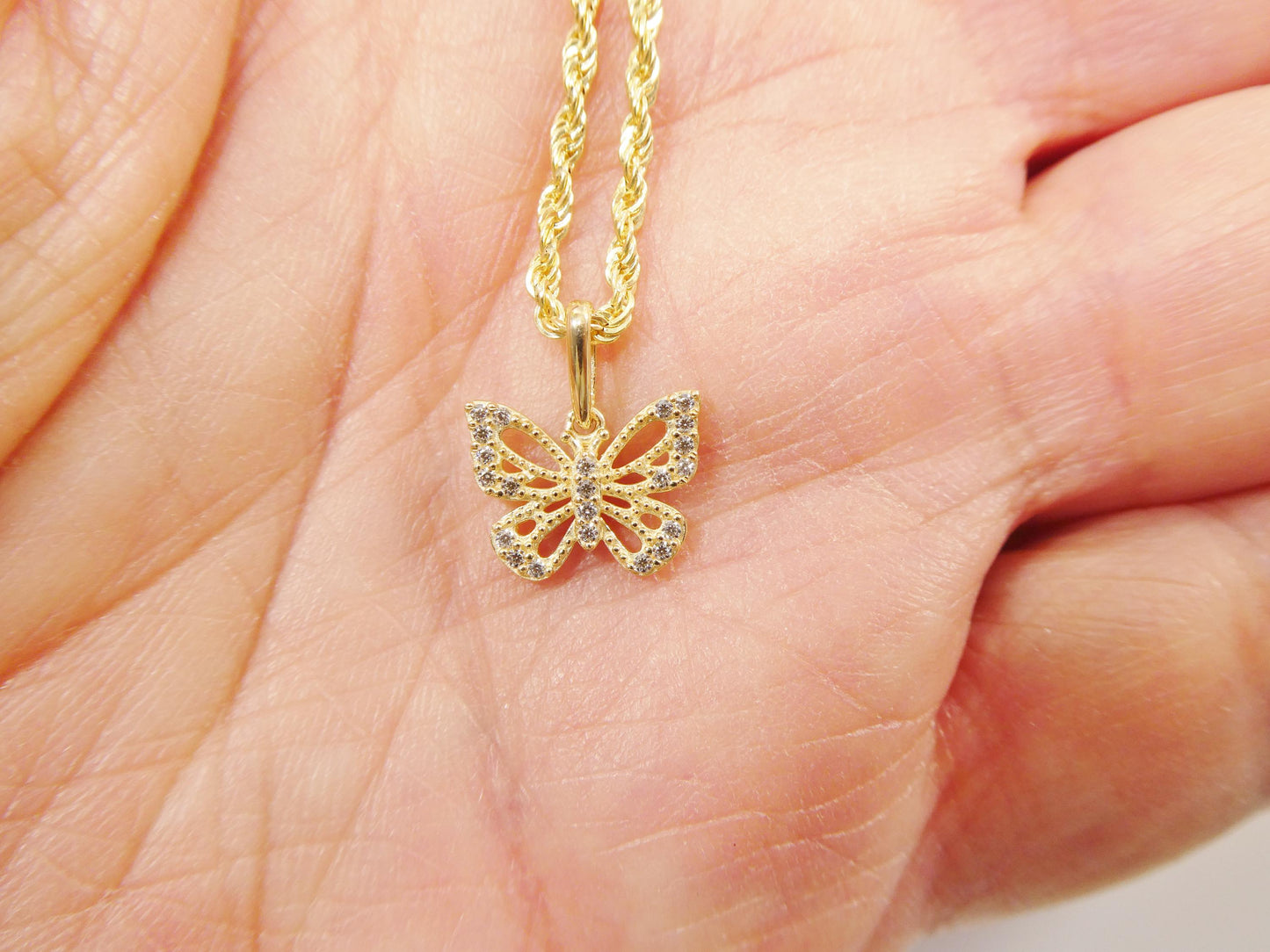 14k real solid yellow gold butterfly pendent and rope necklace