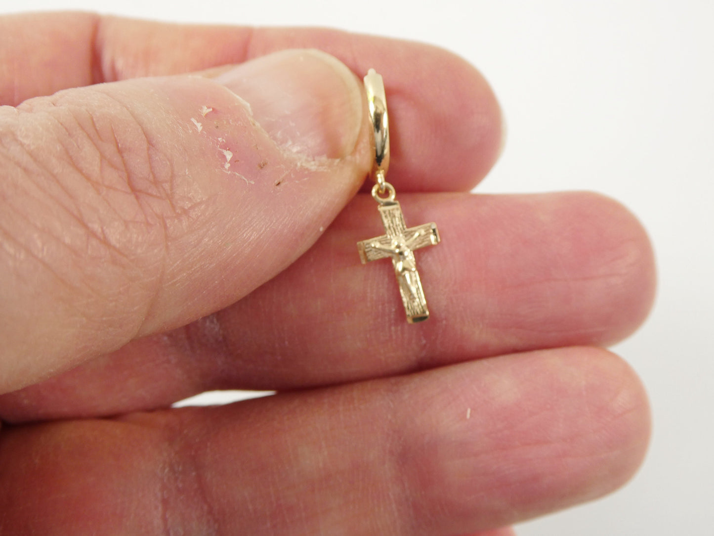 real 10k solid yellow gold hoop huggie dangle cross earring