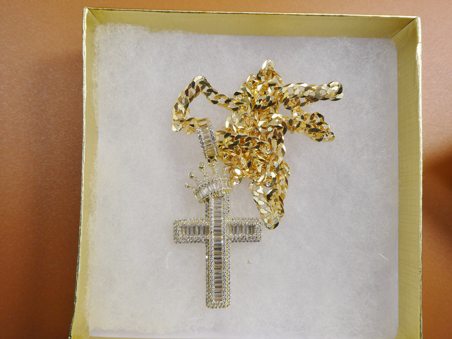 14k yellow gold color tone chain and cross charm pendent over real 925 sterling silver