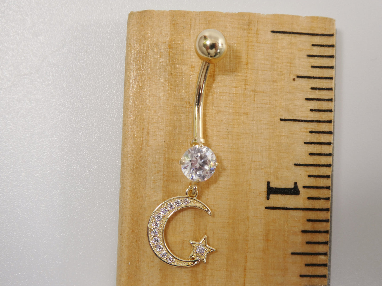 14k real solid yellow gold dangling moon and star belly button ring piercing