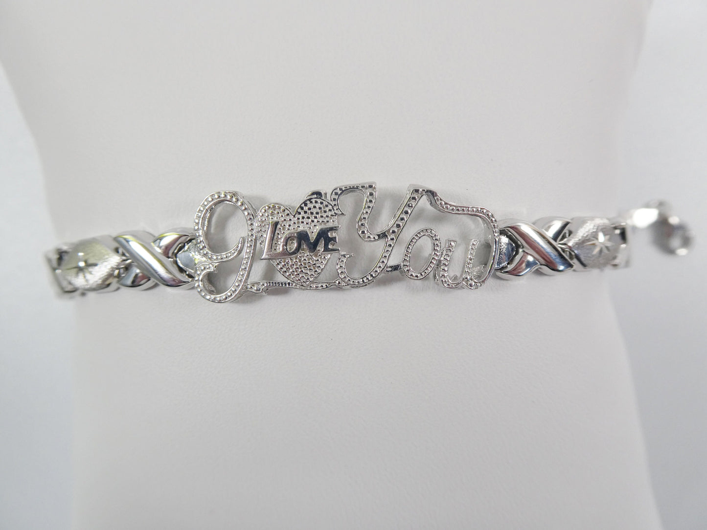 real 925 sterling silver I love you xo xo stampato bracelet 14k white gold finish