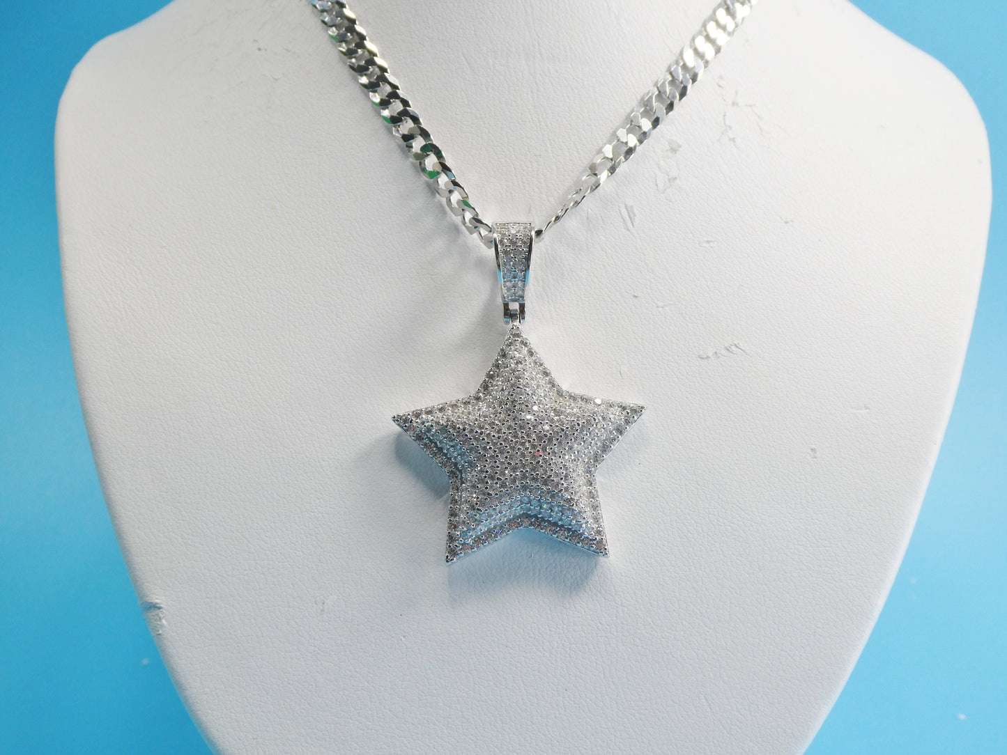 14k white gold color tone chain and large star charm pendent over real 925 sterling silver