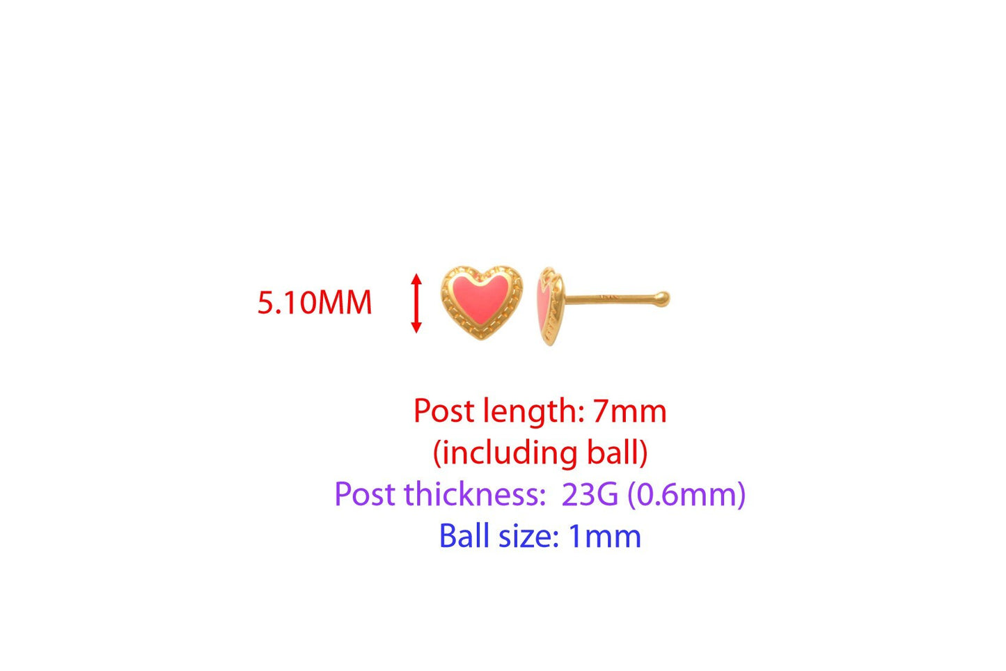 14k real solid yellow gold heart enamel stud nose ring
