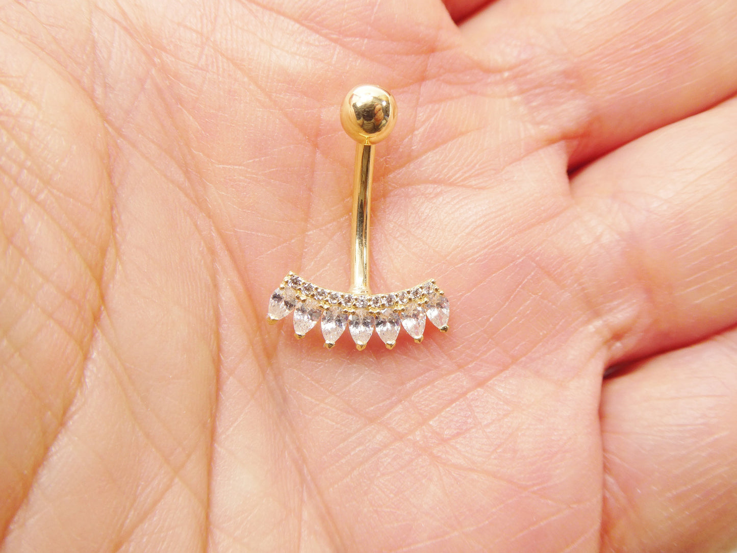 14k real solid yellow gold flower bar belly button ring piercing