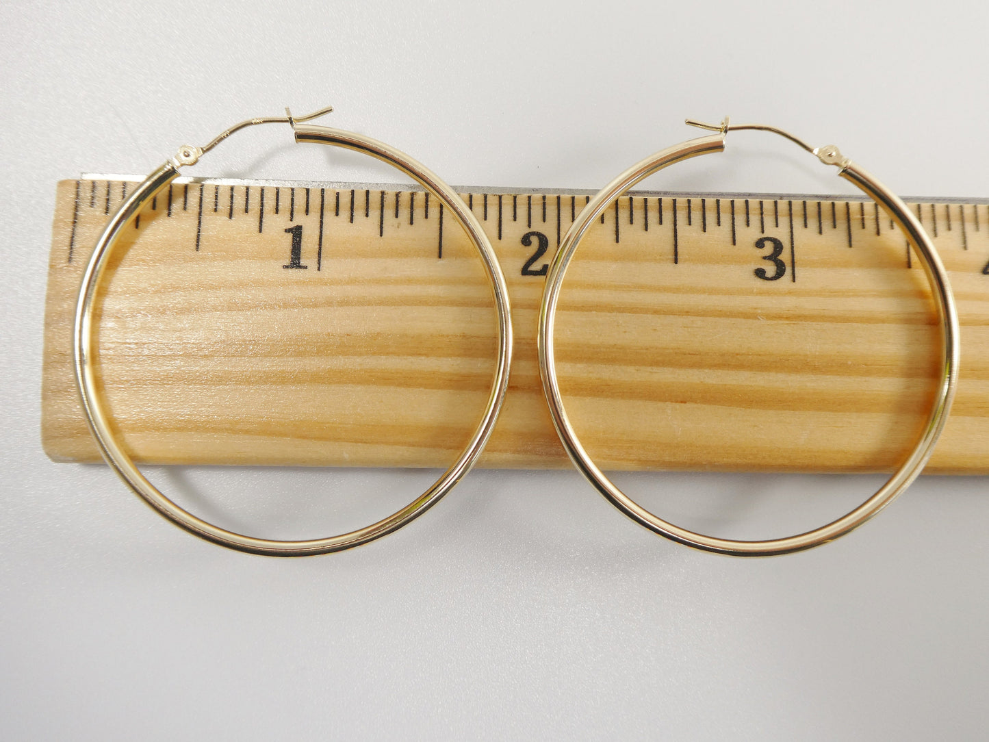 14K real solid yellow gold 2mm / 45mm round hoop earring snap closure high polish finish