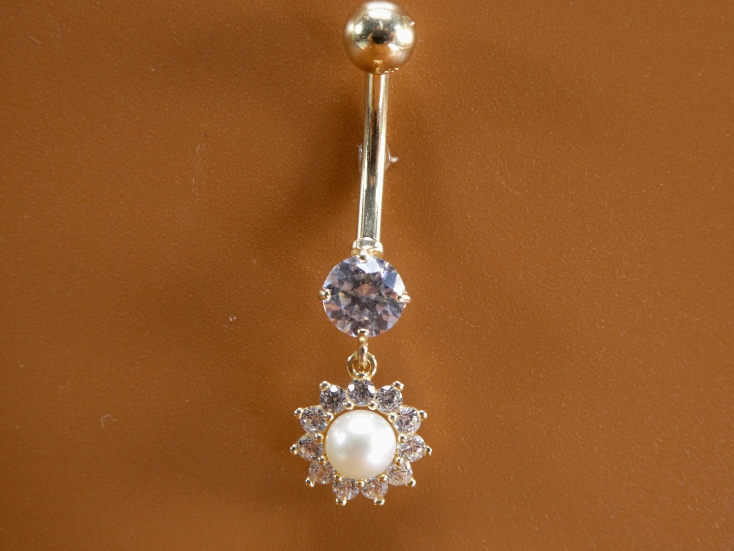 14k real solid yellow gold dangling freshwater real pearl belly button ring piercing