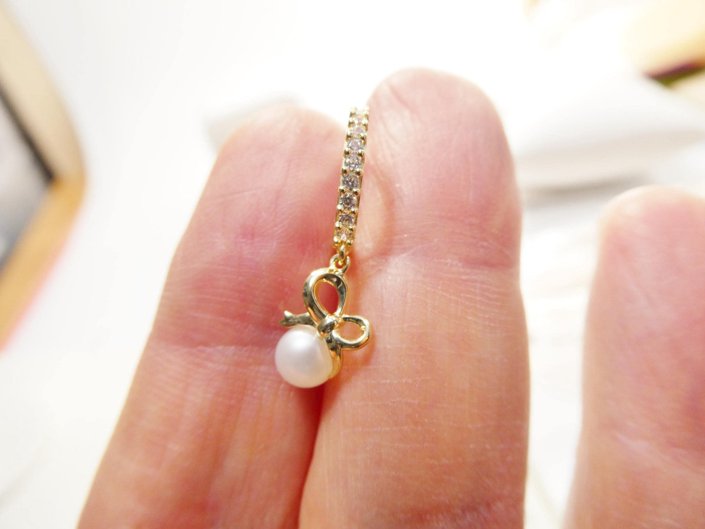 real 10k solid yellow gold designer pearl drop hoop huggie earrings
