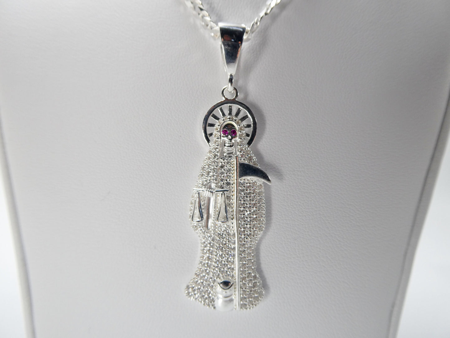 real 925 sterling silver 22 inch flat chain and large santa muerte pendent charm