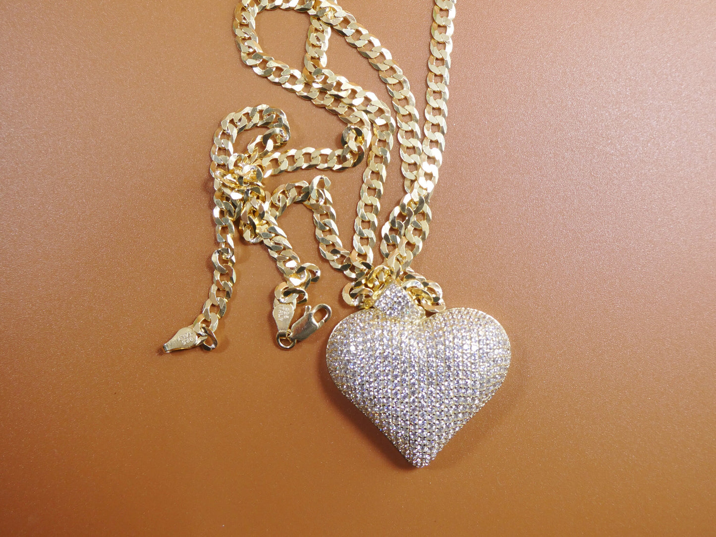 14k yellow gold color tone chain and large heart charm pendent over real 925 sterling silver