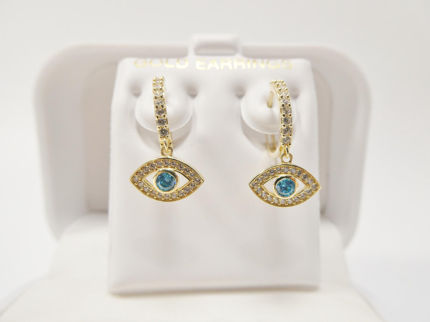 real 10k solid yellow gold evil eye drop hoop huggie earrings