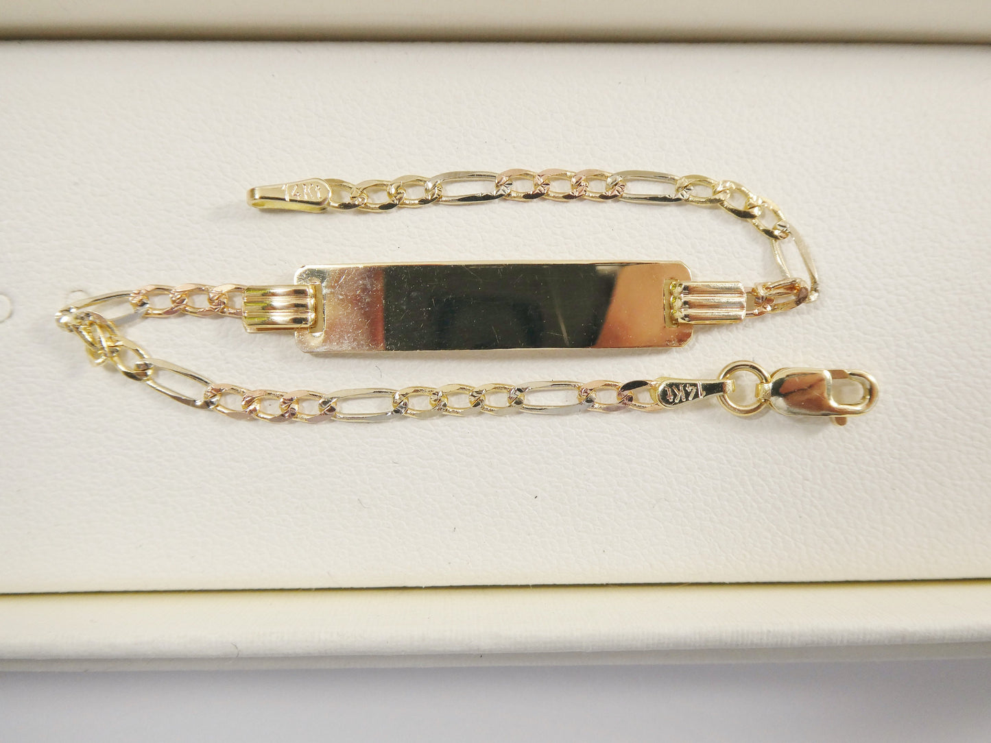 14K real solid yellow gold 6 inch Figaro style tri color baby ID bracelet