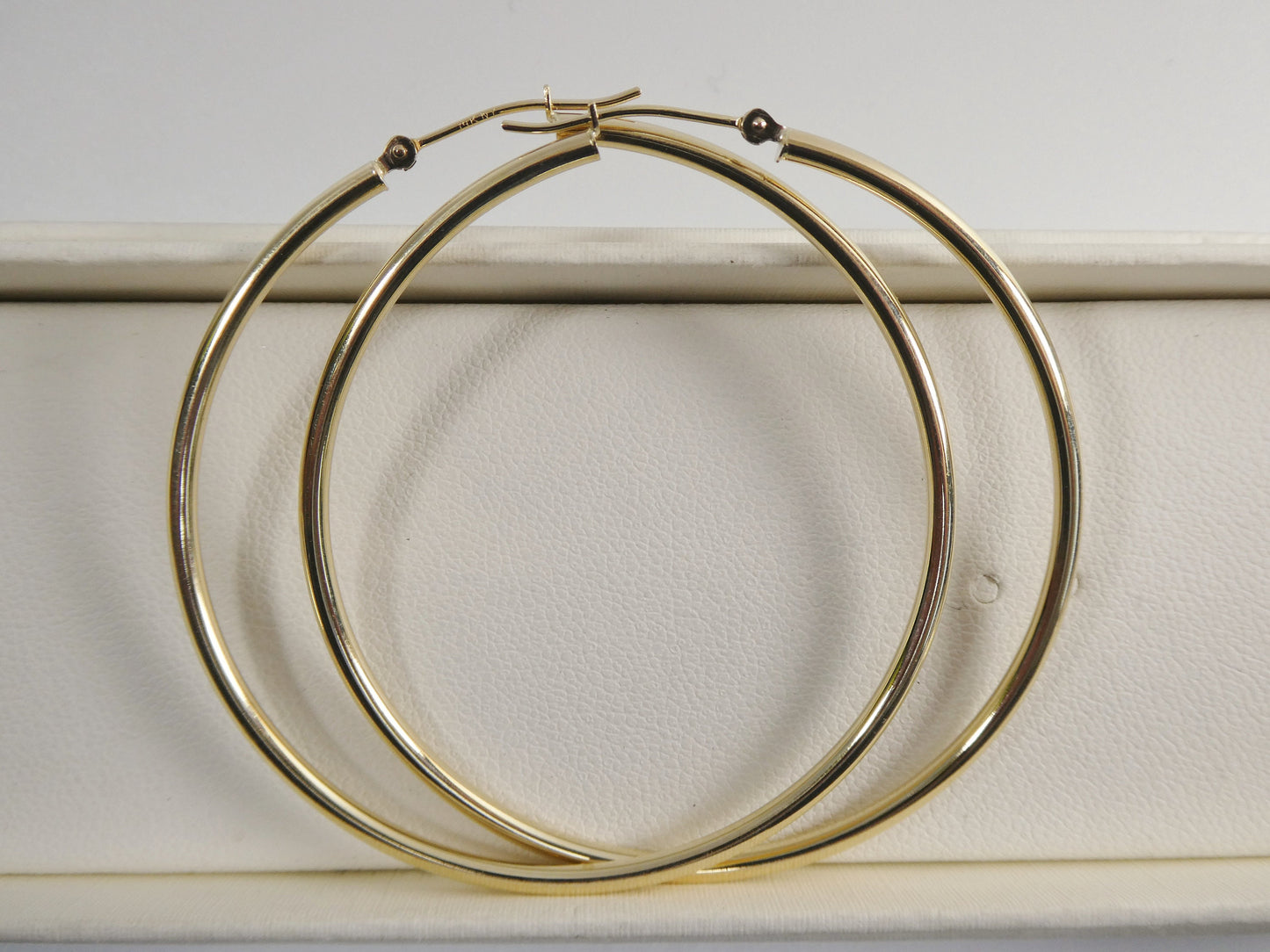 14K real solid yellow gold 2mm / 50mm round hoop earring snap closure high polish finish