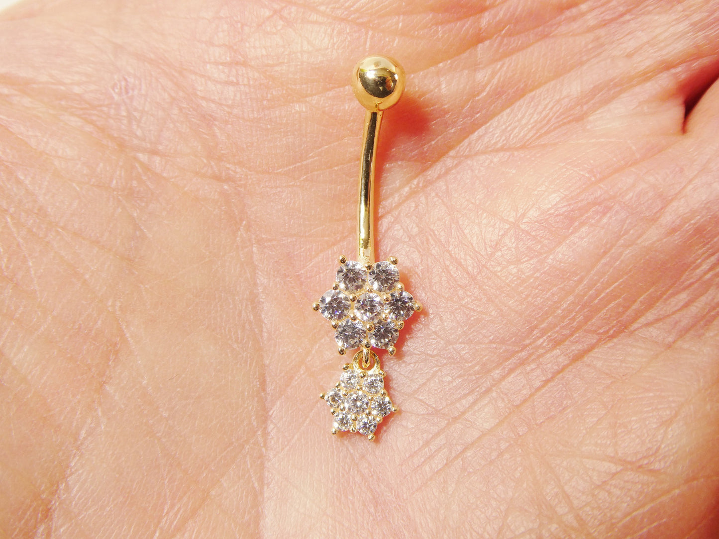 14k real solid yellow gold flower shaped belly button ring piercing