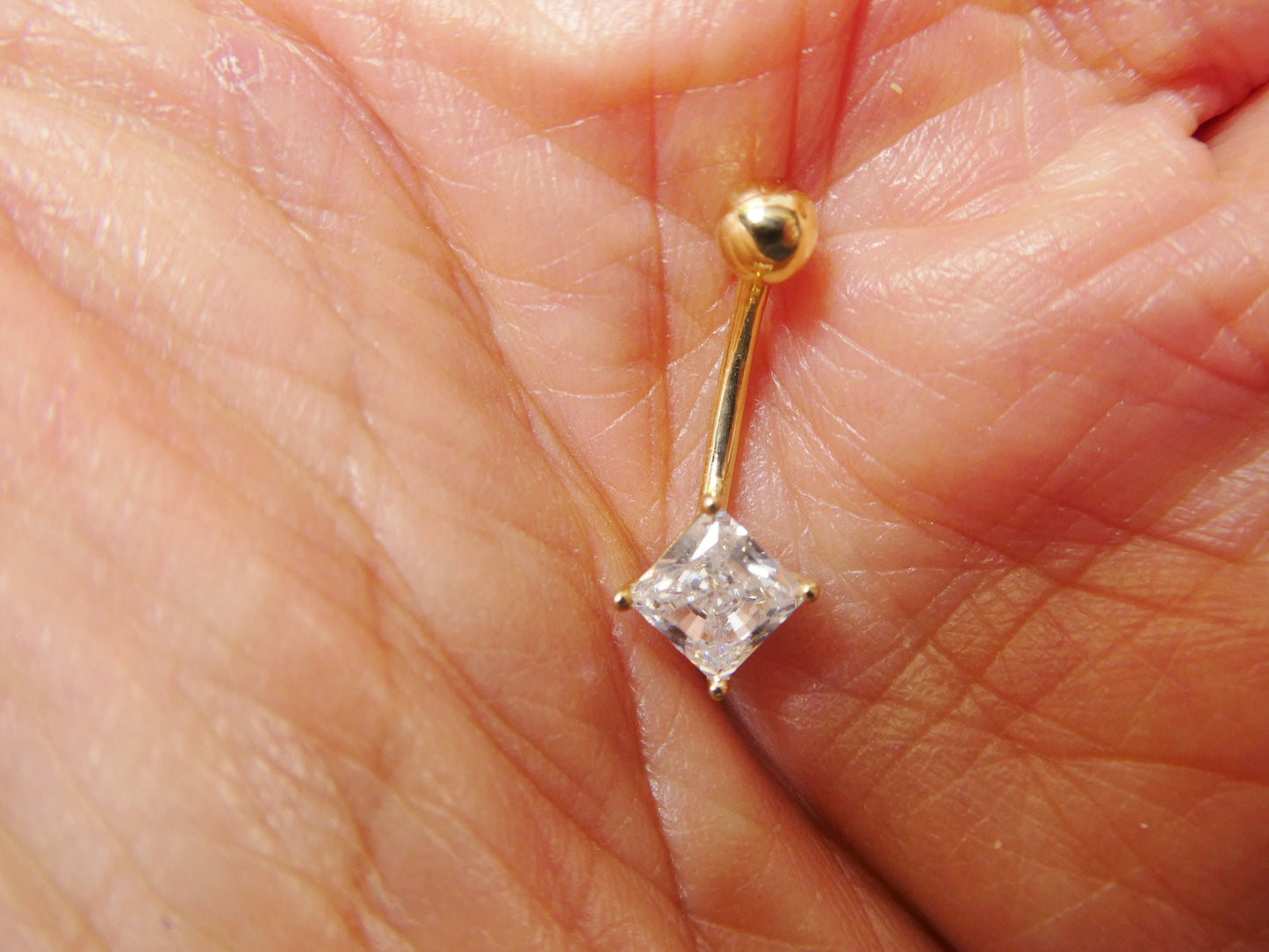14k real solid yellow gold square stone belly button ring piercing