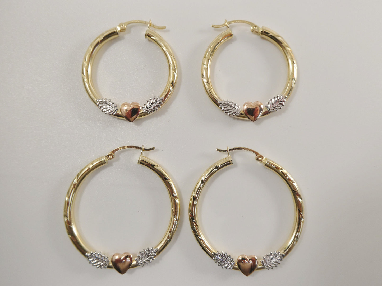 14K real solid yellow gold 3mm /25mm/35MM tri color heart center snap hoop earring