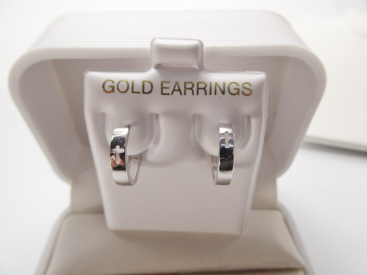 real 10k solid yellow gold cross engraved hoop huggie earring
