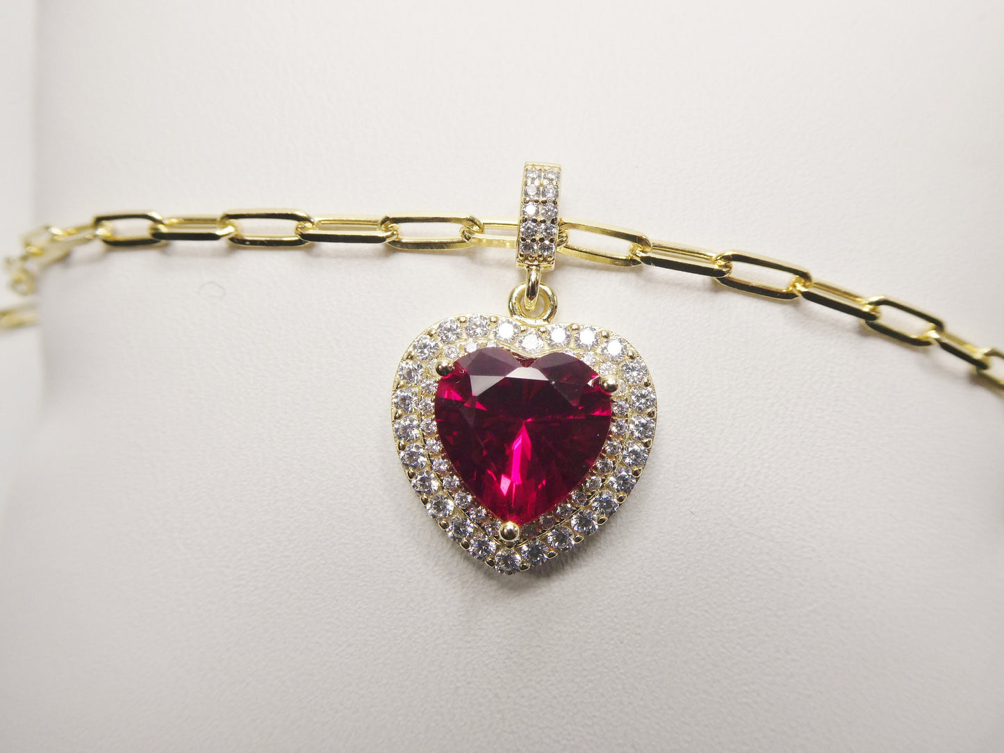 real 925 sterling silver heart red color stone 14k yellow gold color finish
