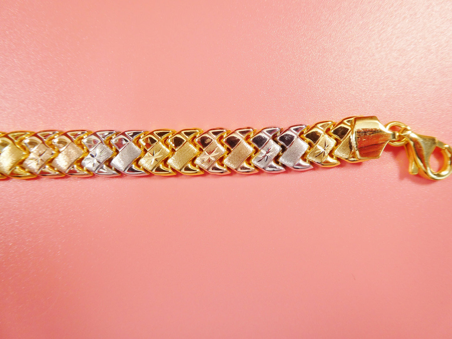8 inch basket STAMPATO bracelet tri color tone 14k yellow gold color finish over real 925 sterling silver