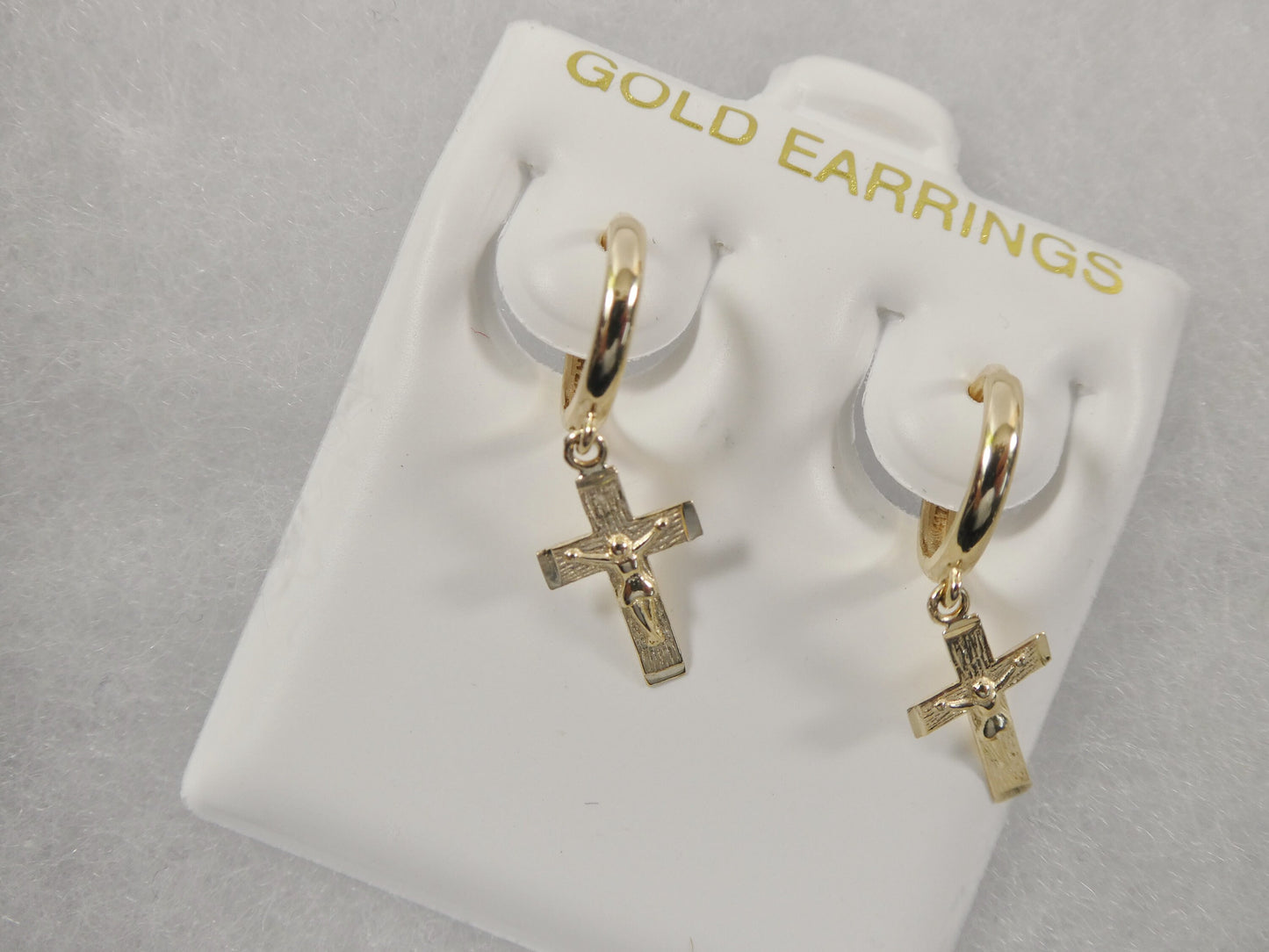 real 10k solid yellow gold hoop huggie dangle cross earring