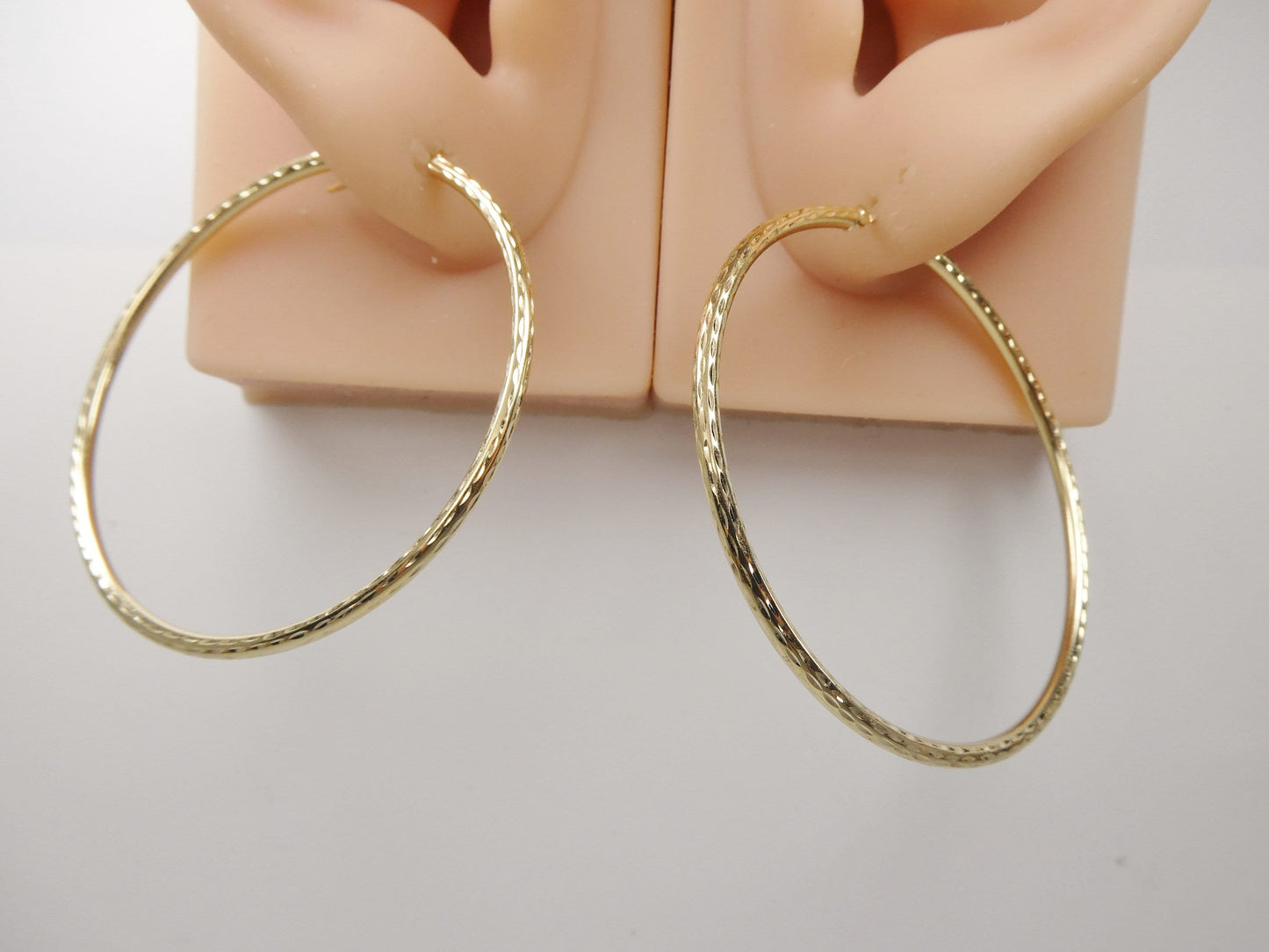 10K real solid yellow gold 50mm round hoop earring snap closure full diamond cut finish