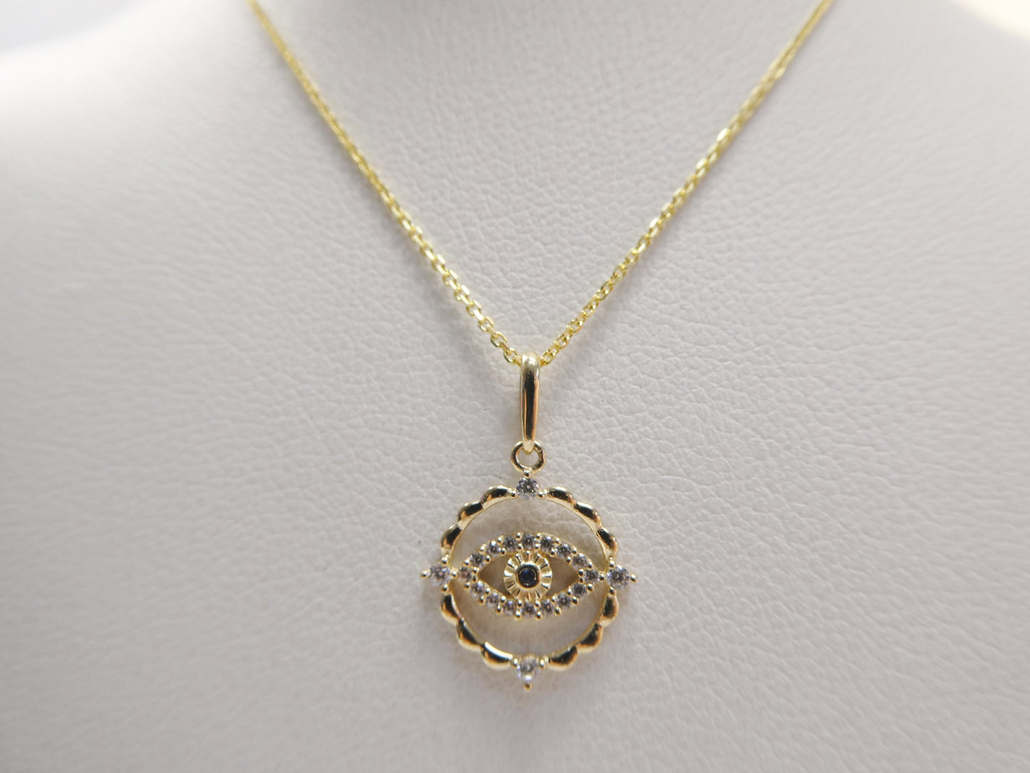 14k real solid yellow gold evil eye pendent and cable necklace