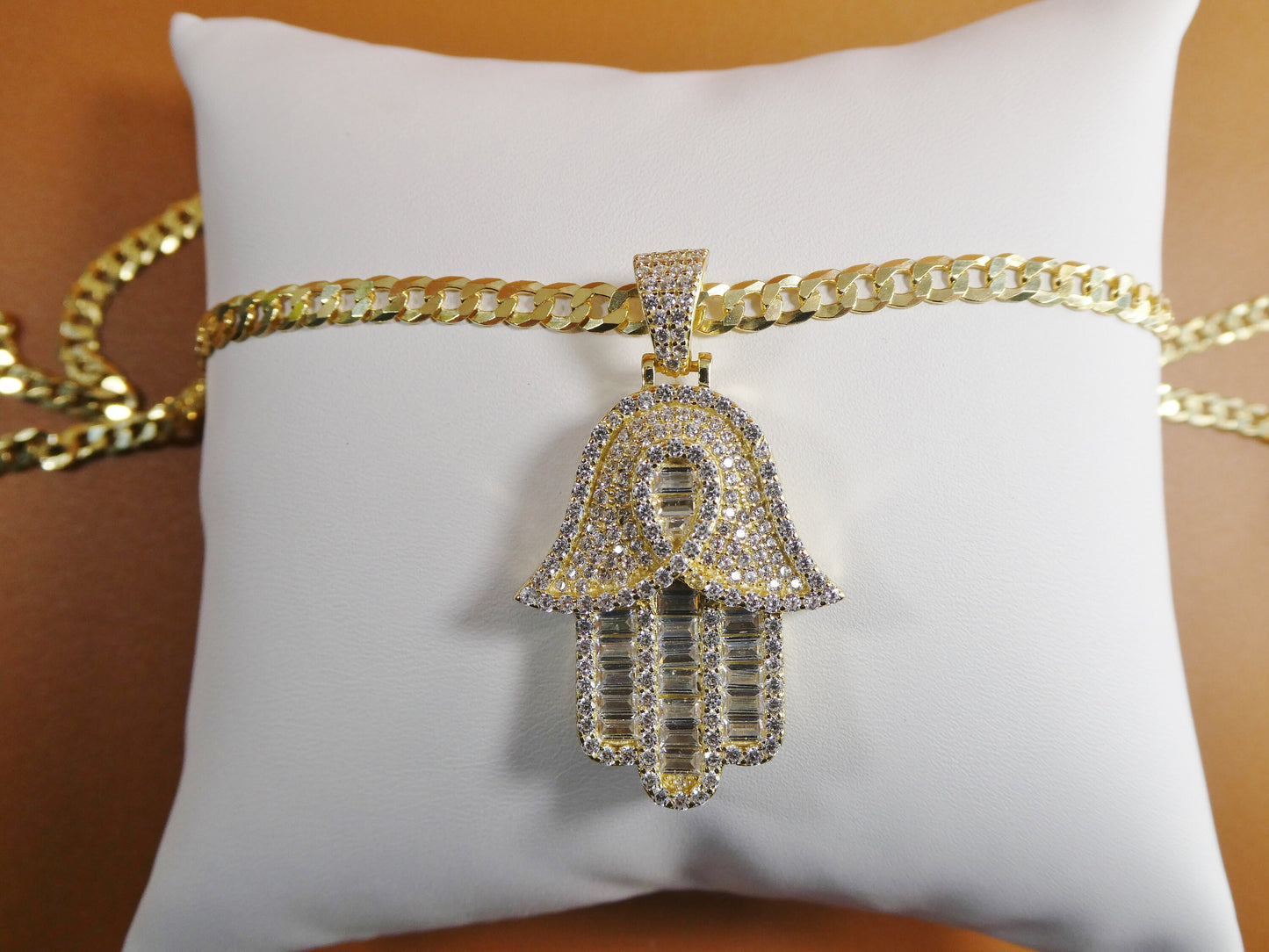 14k yellow gold color tone chain and hamsa evil eye charm pendent over real 925 sterling silver