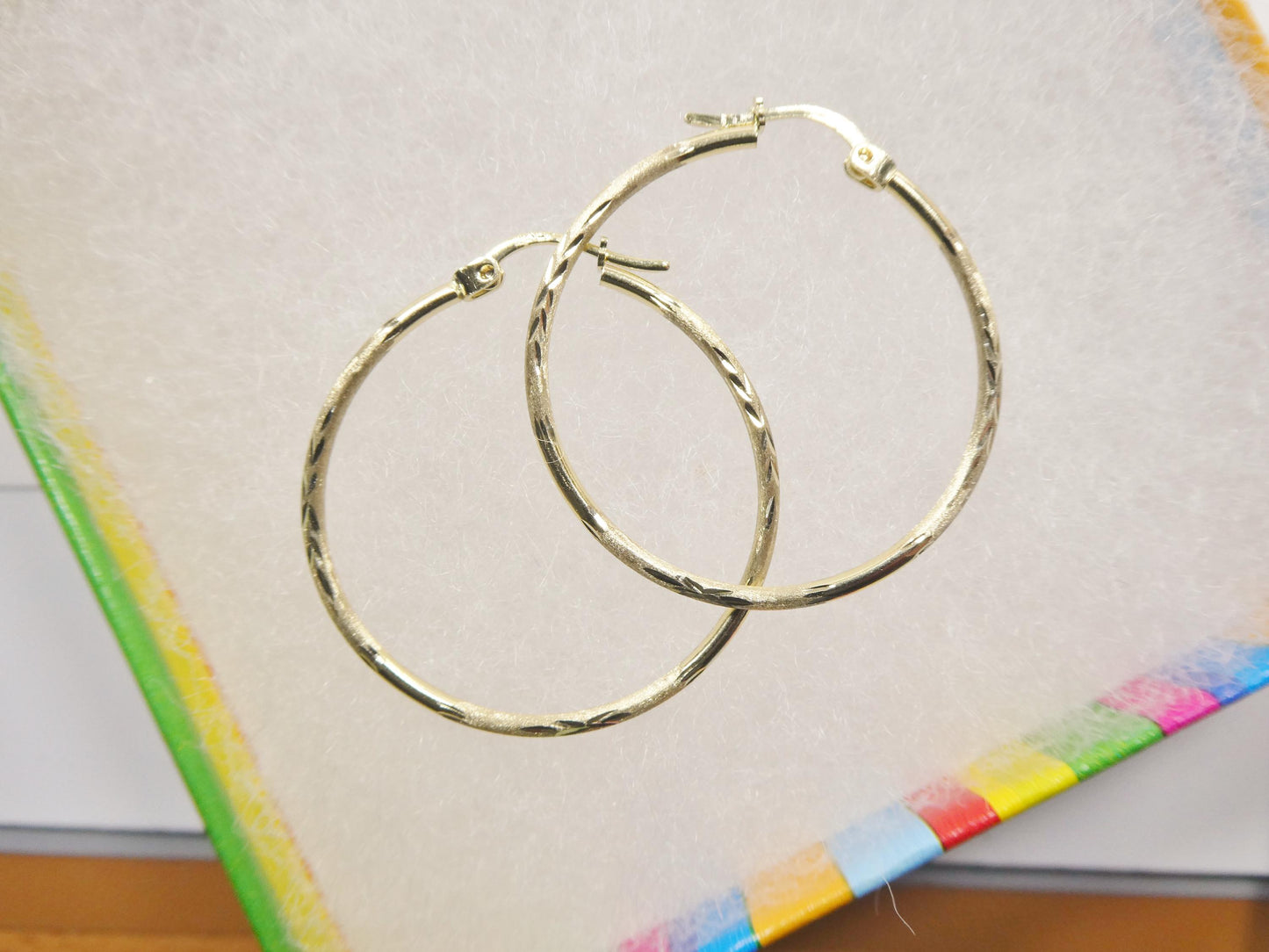 10k real solid yellow gold diamond cut hoop earrings