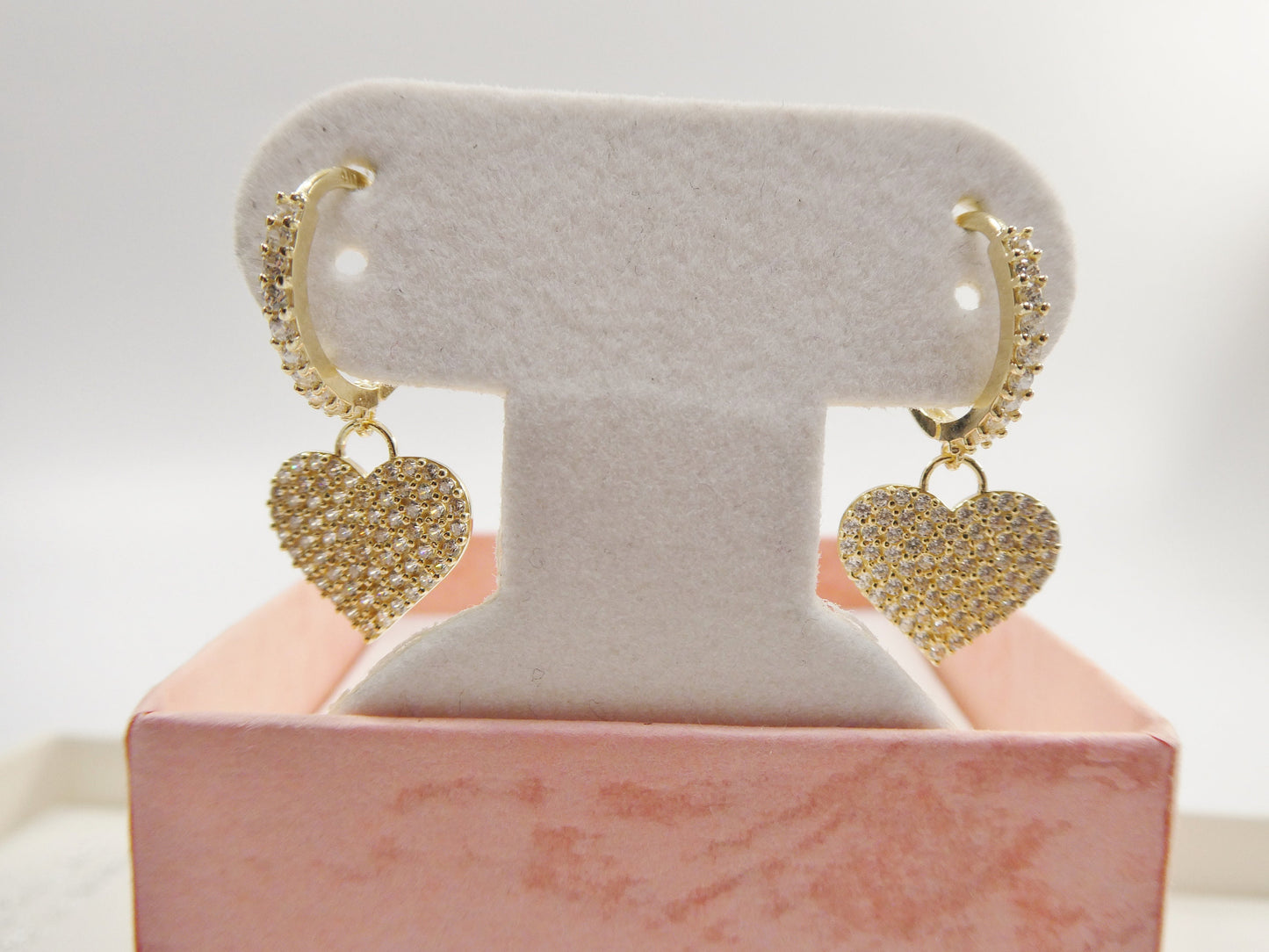real 10k solid yellow gold dangle heart full micro fave setting hoop huggie earring