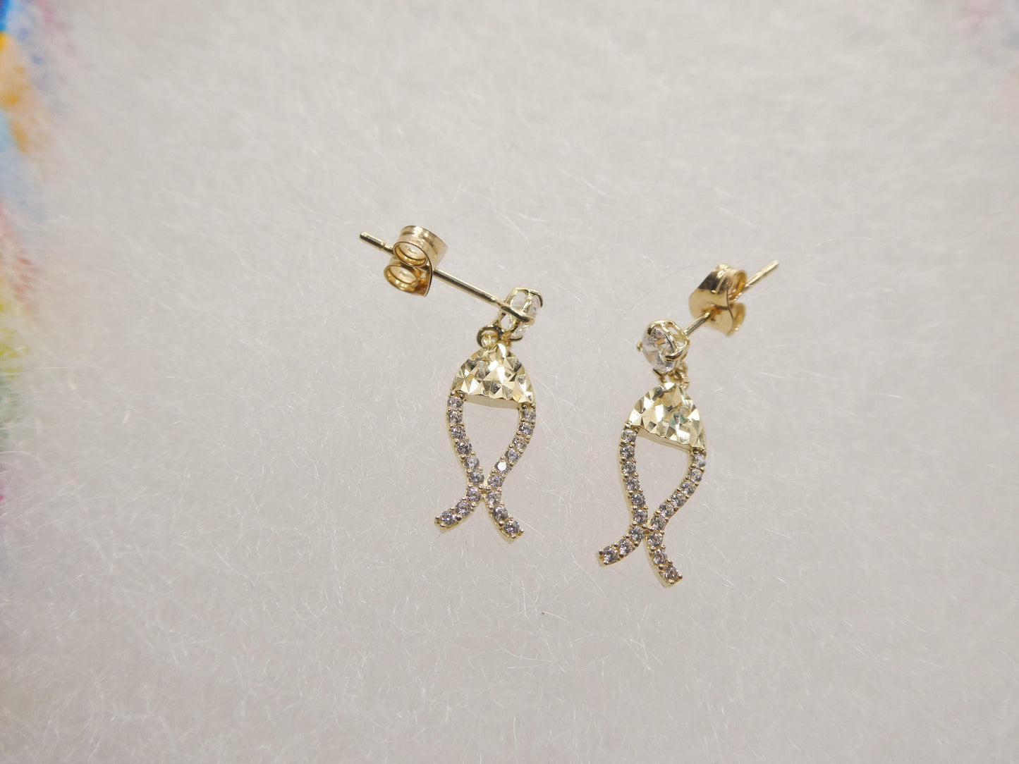 real 10k solid yellow gold fish dangling push post earrings