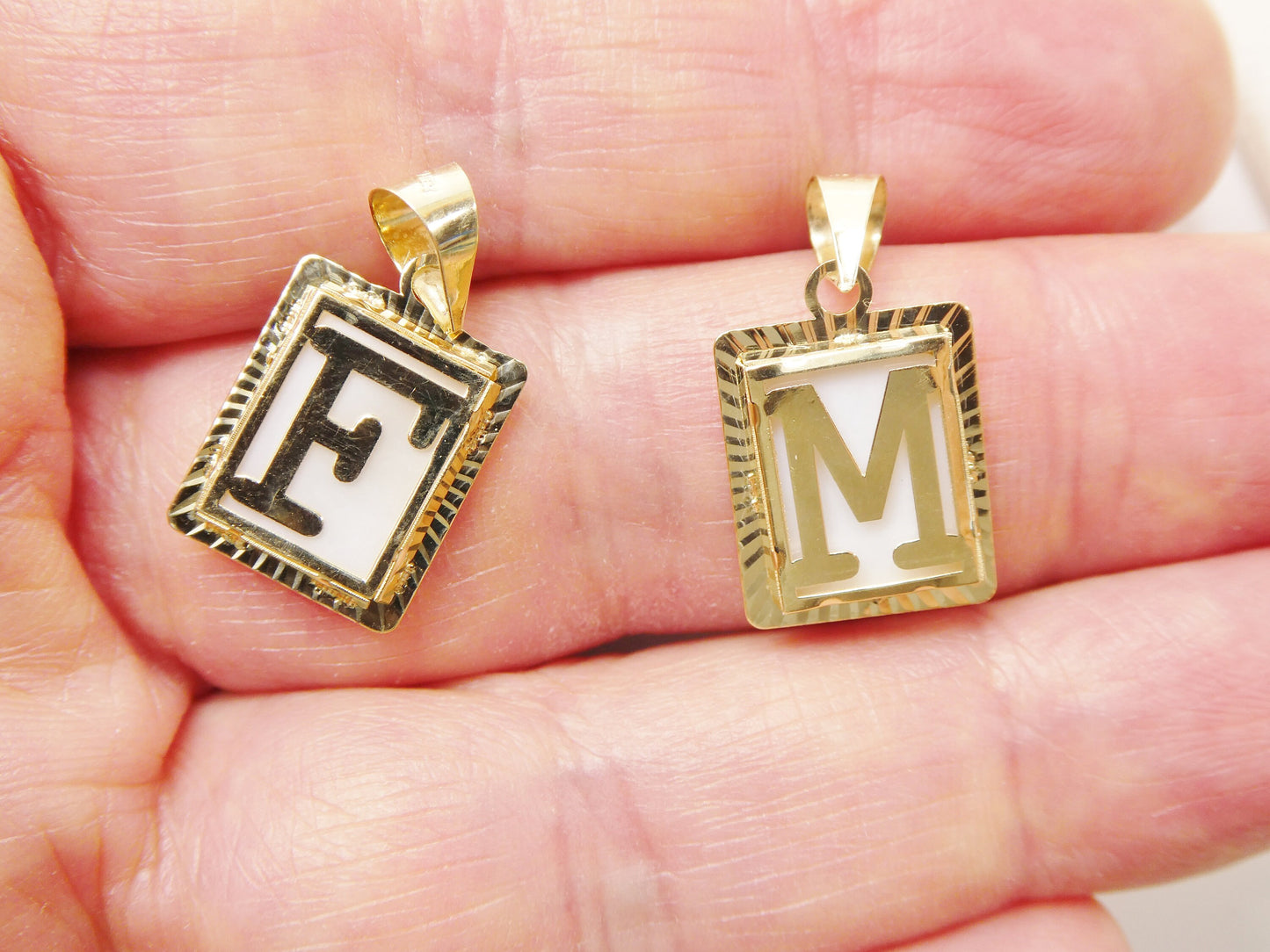 10k real solid yellow gold mother of pearl initial alphabet pendent charm