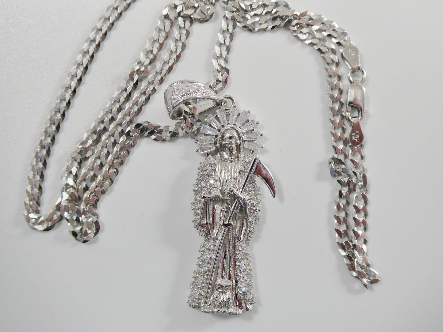 real 925 sterling silver 22 inch flat chain and large santa muerte pendent charm