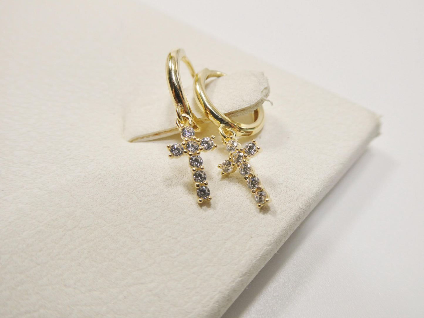 real 10k solid yellow gold cross dropping hoop huggie earring