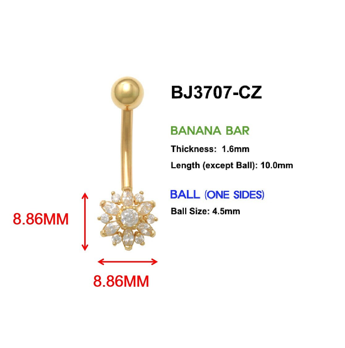 14k real solid yellow gold flower belly button ring piercing