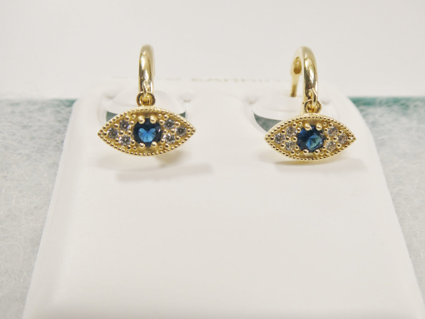 10k real yellow gold sapphire blue stone evil eye dropping plain huggie earring