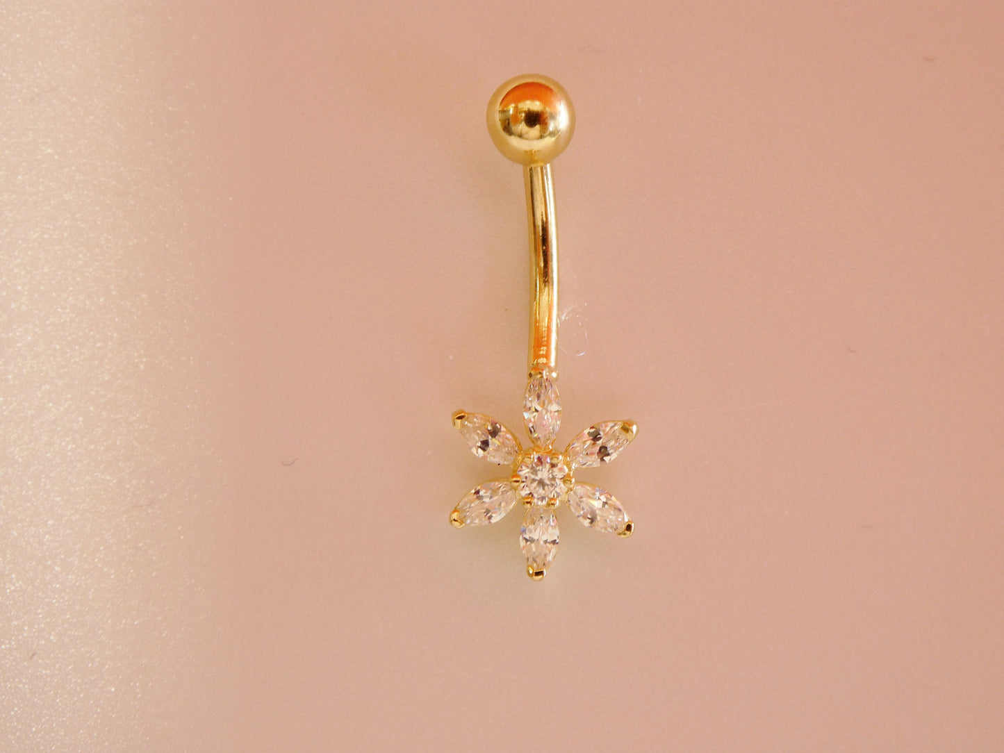 14k real solid yellow gold flower belly button ring piercing