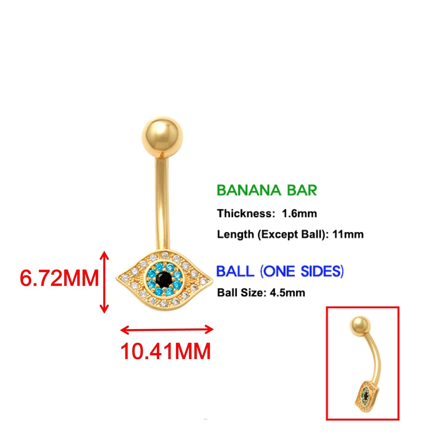 14k real solid yellow gold evil eye belly button ring piercing