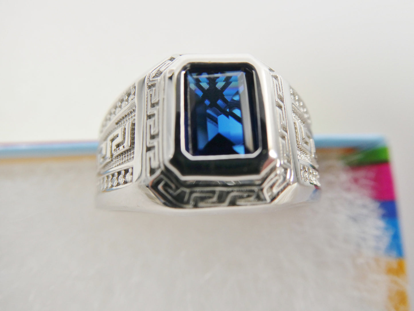 real solid 925 sterling silver men blue stone ring rhodium plating finish