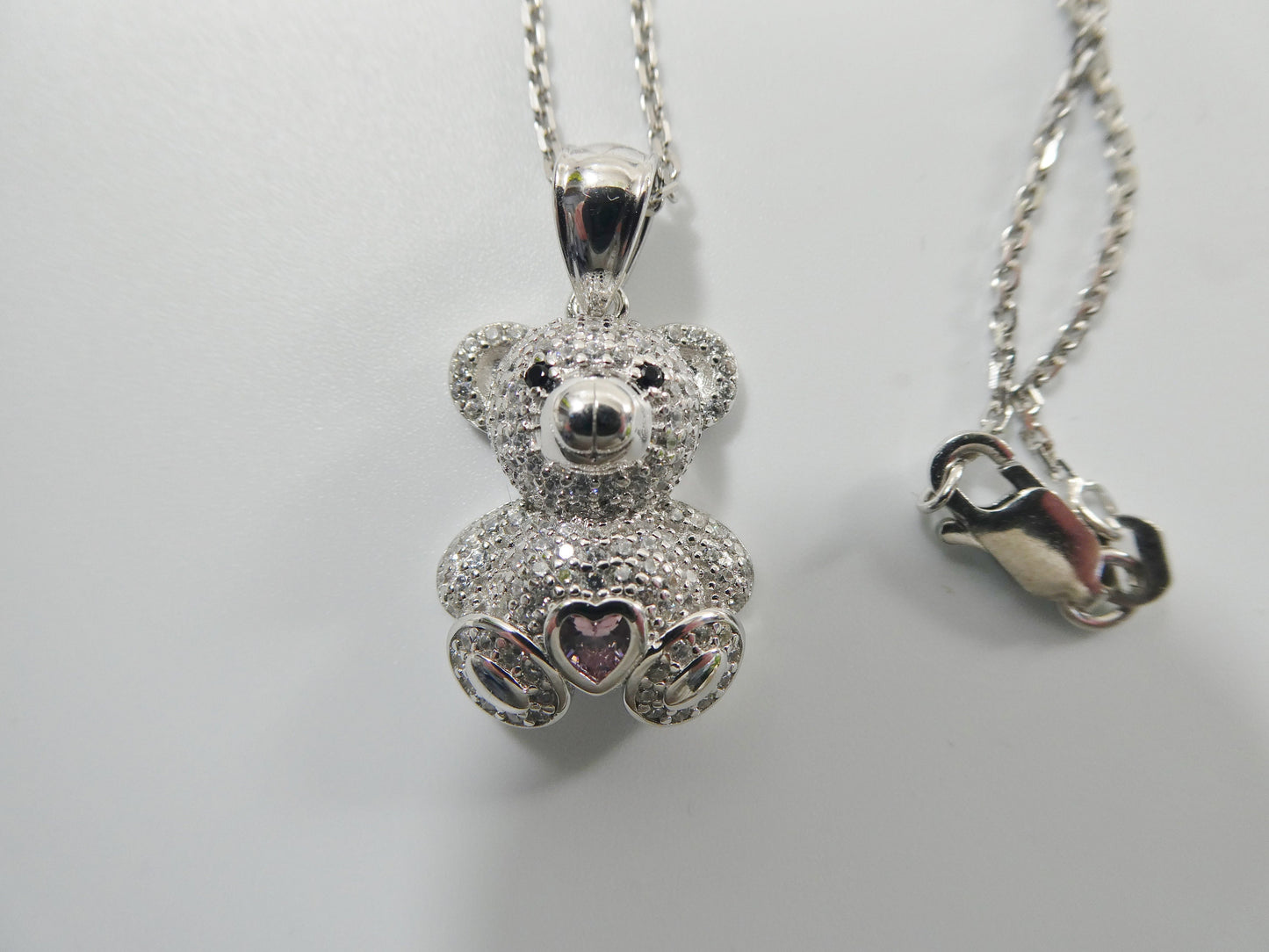 925 sterling silver teddy bear pink stone set chain and pendent